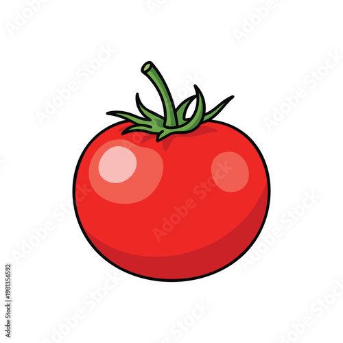 Fresh Red Tomato with Green Stem on White Background