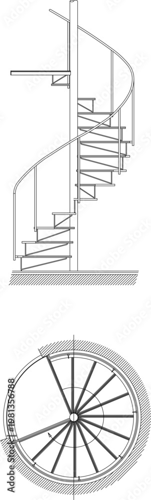 Naklejka premium Technical architectural drawing showing a spiral staircase with side elevation of steps and handrail, and a top-down circular plan view with tread layout