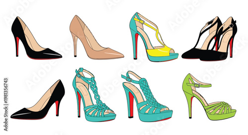 A collection of stylish high heeled shoes in various colors and designs presented in a flat illustration style