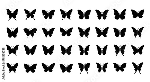 Collection of black butterfly silhouettes flying.