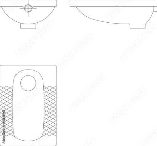 Technical architectural drawing showing 2D CAD blocks of a wall-mounted urinal in front elevation, side profile, and plan view with floor tiling.