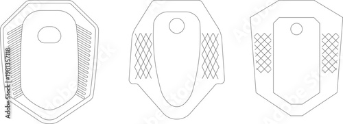 Technical architectural drawing showing three top-down views of squatting pan toilets with footrests for bathroom floor plans.