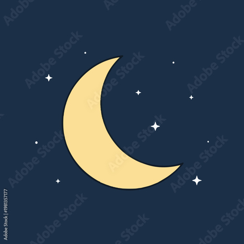Serene Night Sky with Crescent Moon and Twinkling Stars for Calm and Relaxation Themes