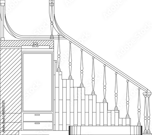 Technical architectural drawing showing a cross-section of an interior staircase with turned balusters, curved handrail and built-in cabinetry underneath.
