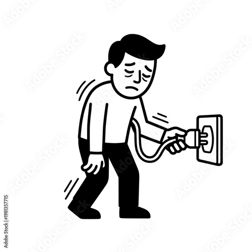 tired man plugging charger line drawing illustration vector clipart black and white