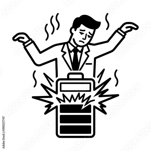 exhausted businessman with low battery line drawing illustration vector clipart black and white