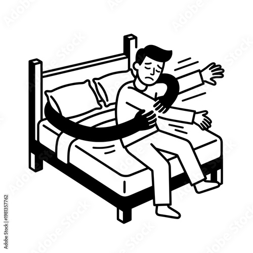man struggling to sleep with snake in bed line drawing illustration vector clipart black and white