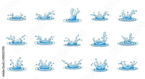 Collection of blue water splash icons.