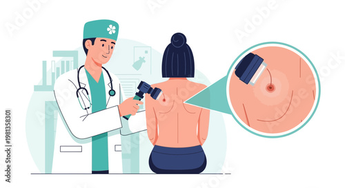 Dermatologist examining mole on patient's back with dermatoscope, skin checkup concept
