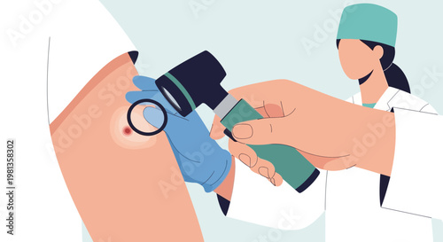 Dermatologist examining mole on patient's arm with magnifying glass and dermatoscope