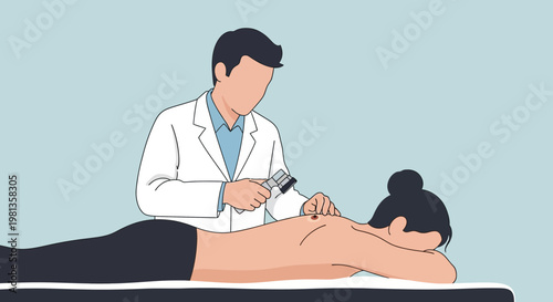 Dermatologist examining mole on patient's back with dermatoscope, health checkup