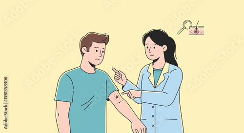 Dermatologist examining a mole on a patient's arm with a magnifying glass