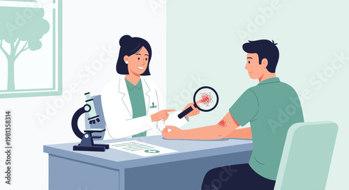 Dermatologist examines skin rash on patient's arm with magnifying glass in clinic