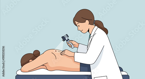 Dermatologist examining patient's back for moles with dermatoscope, medical check-up