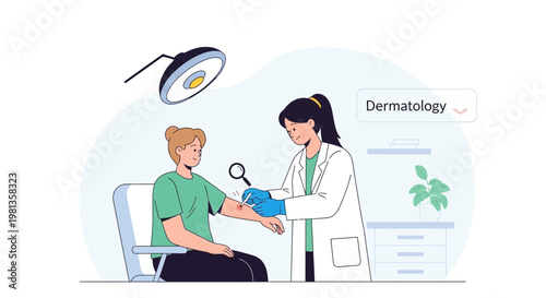 Dermatologist examining patient's arm with magnifying glass under examination lamp