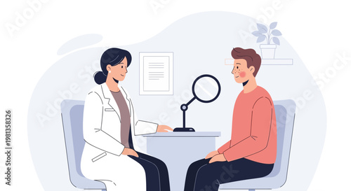 Dermatologist examining patient with magnifying glass, medical consultation, skin check-up