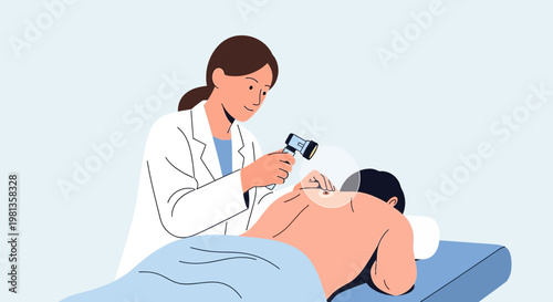 Dermatologist examining patient's back with dermatoscope for skin checkup