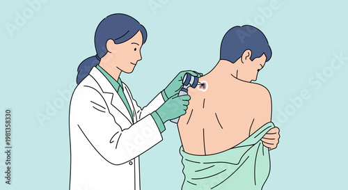 Dermatologist examining patient's back for skin cancer with dermatoscope, medical check-up