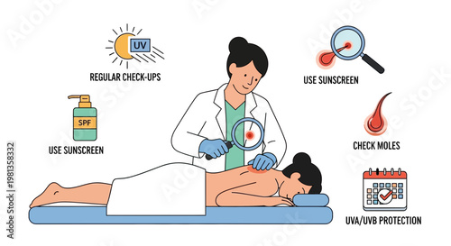 Dermatologist examining patient's back for moles, promoting skin cancer awareness and sun protection.