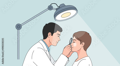 Dermatologist examining patient's face with magnifying glass under medical lamp