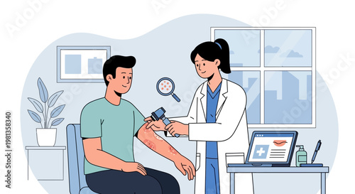 Dermatologist examining patient's skin rash with dermatoscope in clinic, medical examination