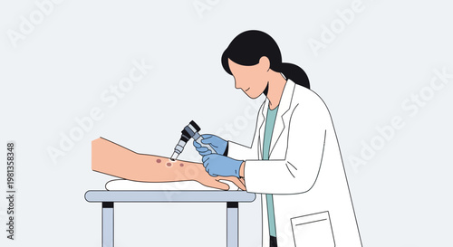 Dermatologist examining skin lesions on patient's arm with dermatoscope
