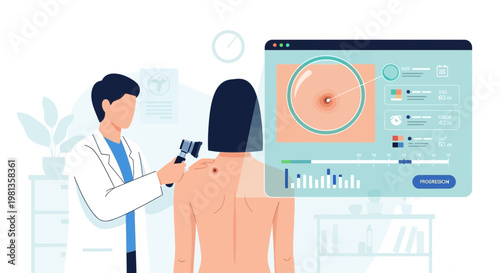 Dermatologist examining skin mole with digital dermatoscope and analyzing on screen