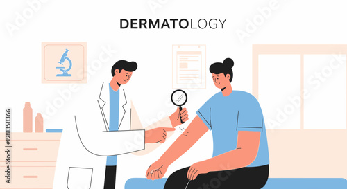 Dermatologist examining patient's skin with magnifying glass in clinic