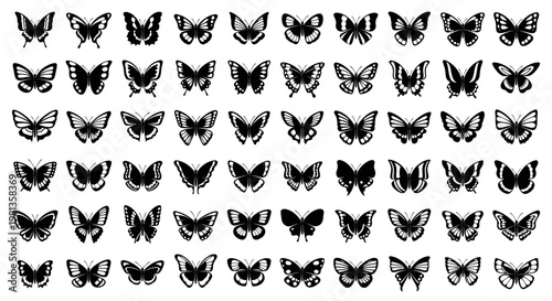 Collection of various butterfly silhouettes on white background.
