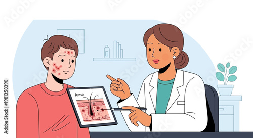 Dermatologist Explains Acne Treatment to Patient Showing Skin Diagram