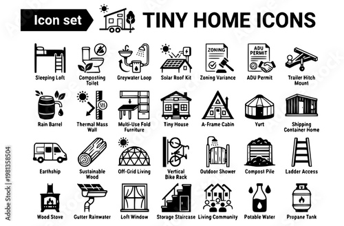 Tiny Home Alternative Dwelling Icon Set Sleeping Loft Composting Toilet Greywater Loop Solar Roof ADU Permit Zoning Variance Trailer Hitch Rain Barrel Thermal Mass Wall Vector