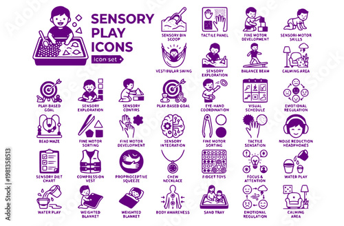 Sensory Play Child Development Icon Set Sensory Bin Tactile Panel Vestibular Swing Proprioceptive Squeeze Bead Maze Chew Necklace Compression Vest Visual Schedule Vector