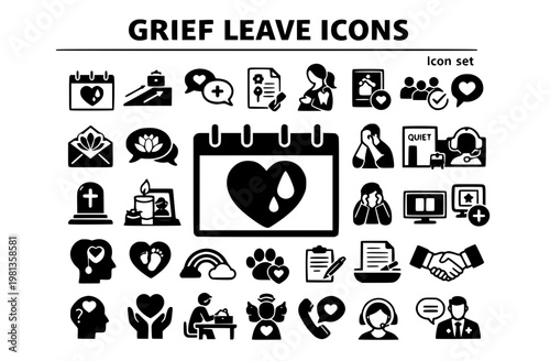 Workplace Grief Leave Icon Set Bereavement Calendar Return To Work Ramp Support Chat Memorial Request Pregnancy Loss Pet Loss Condolence Quiet Room EAP Referral Vector