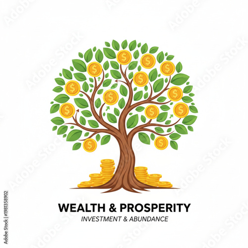 A vector graphic illustration of a tree with green leaves and yellow fruits symbolizing wealth and prosperity