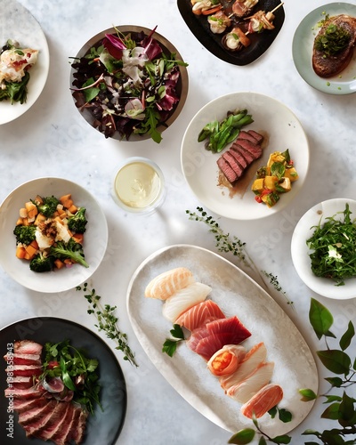 Gourmet Dining Spread: Sliced Steak, Fresh Sashimi, Vibrant Salads, and Veggies with White Wine, Top View, Luxurious Table Setting