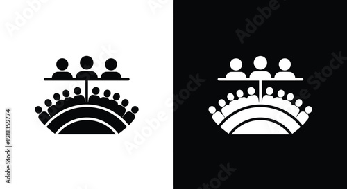 A minimalist depiction of a theater audience shown in both white on black and black on white variations