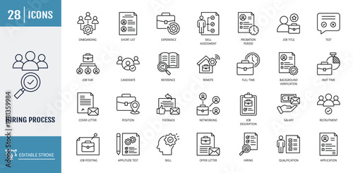 Hiring process icon set. Icons related to application, resume, interview, candidate, job posting, qualification, experience. Outline icon set. Vector illustration with editable stroke
