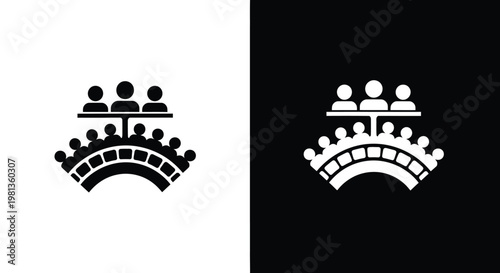 A split screen graphic shows a crowd of people seated in an arched amphitheater contrasting black and white