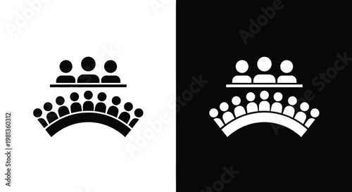 A stark black and white depiction of a crowd split into opposing sides representing duality