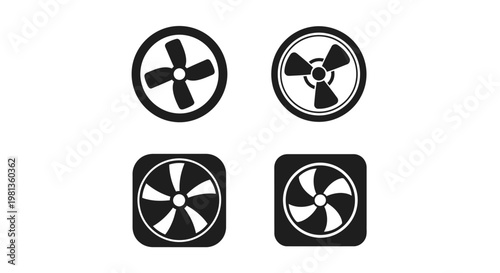 Four black fan icons in circular and square shapes silhouette