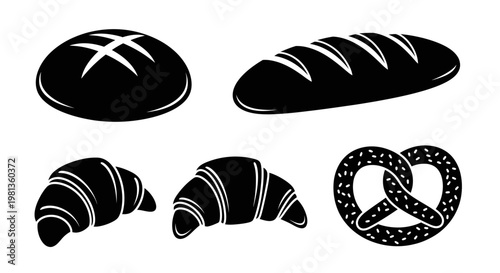Black and white illustration of various baked goods a striking silhouette