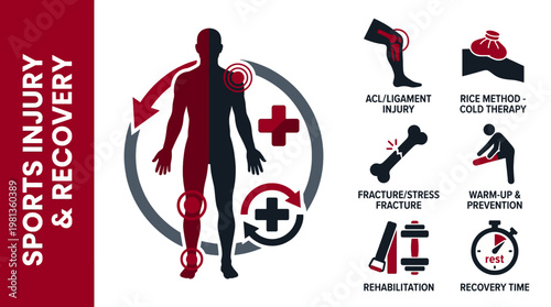 Sports injury and recovery infographic with rehabilitation, treatment methods, and physiotherapy icons