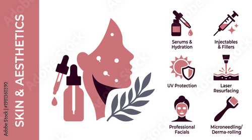 Skin and aesthetics procedures infographic with skincare routine and dermatological treatment icons
