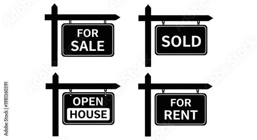 Real estate signs displaying for sale sold open house and rent silhouette