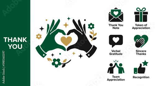 Thank you concept with hands making heart shape and professional appreciation icons set