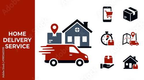 Home delivery service concept with logistics van, shipping box, and online shopping icons