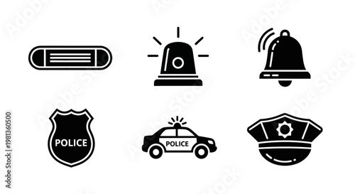 Emergency services icons including police car and warning lights silhouette