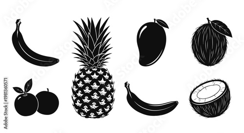 Black and white tropical fruit collection in striking silhouette