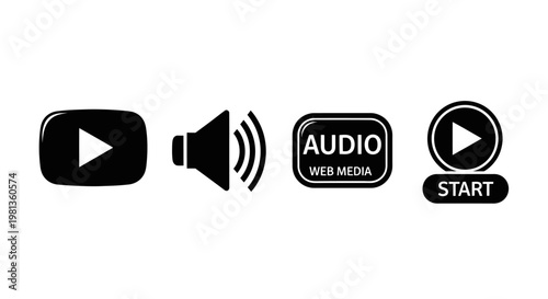 Black media player icons showing play volume and audio silhouette