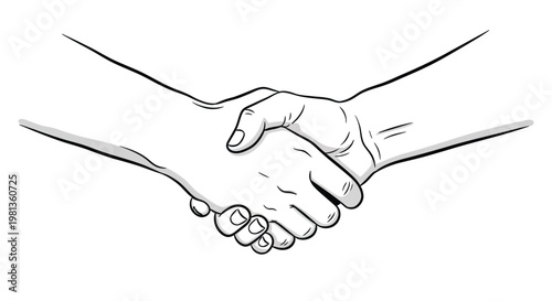 A simple black and white line drawing depicts two hands firmly shaking in a gesture of agreement